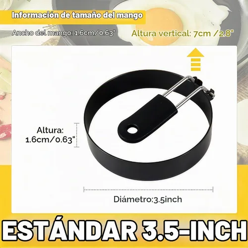 Vista 2 de Anillos de huevo para freír huevos, 3.5 pulgadas de acero inoxidable, para panqueques ingleses, magdalenas, con mango de silicona