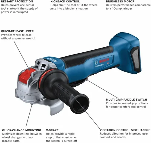 Vista 2 de Bosch GWX18V-10PN 18V X-LOCK - Amoladora angular sin escobillas de 4-1/2 - 5 pulgadas sin interruptor de paleta de bloqueo (herramienta desnuda)