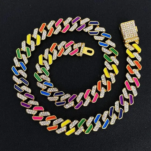 Vista 4 de FW Jewelry Cadena de eslabones cubanos esmaltados de plata u oro para hombre collares cubanos gruesos coloridos para mujer cadenas cubanas de hip