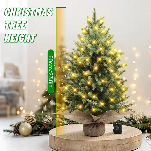 Vista 3 de Mini árbol de Navidad de mesa preiluminado de 2 pies con 60 LED Abeto nórdico artificial, 75 puntas de ramas de polietileno, funciona con pilas Luz