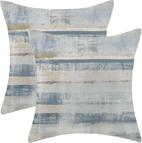 Vista 10 de Juego de 2 fundas de almohada bohemias de 16 x 16 pulgadas a rayas azules y grises, fundas decorativas rústicas abstractas de lino retro a rayas