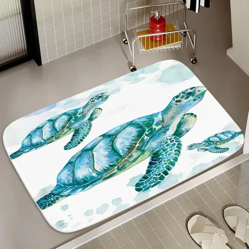 Vista 17 de Alfombra de baño de terciopelo coral con diseño náutico de tortugas marinas, animales de playa, tapete de ducha antideslizante para baño de océano