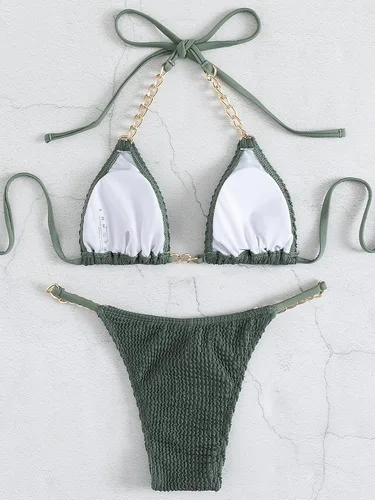 Vista 2 de SheIn Traje de baño de dos piezas con cadena para mujer, conjunto de micro bikini acolchado