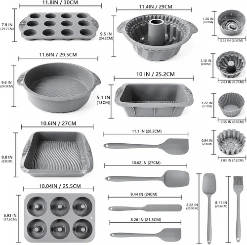 Vista 2 de Juego de 28 moldes antiadherentes de silicona para hornear, moldes aptos para horno para magdalenas de pasteles Gris