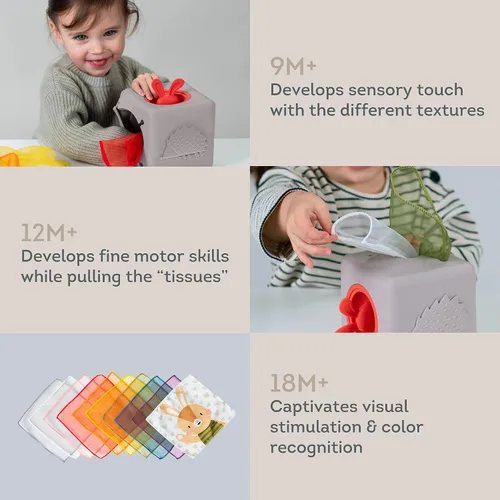 Vista 8 de Taf Toys Caja de pañuelos para bebé con conejito emergente - Actividad sensorial Montessori con 10 pañuelos de tela para el desarrollo motor fino