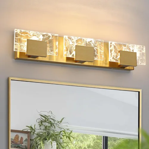 Vista 16 de Luz LED para Tocador de Baño: Accesorios de Iluminación Modernos de Acrílico en Dorado Cepillado de 16 pulgadas - 2 Luces Contemporáneas de Acabado
