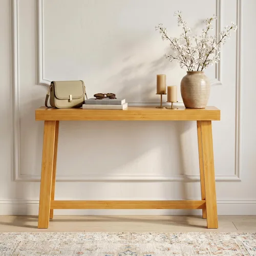Vista 13 de Mesa de consola estrecha de bambú de 47.2" (120 cm), mesa auxiliar de madera estilo granja, mesa rectangular de entrada, mesa de sofá moderna detrás