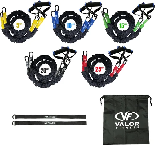 Vista 16 de Valor Fitness Bandas de resistencia – 5 libras a 25 libras – Mosquetones adjuntos y 2 bandas por opción de peso con asas – Funda cubierta