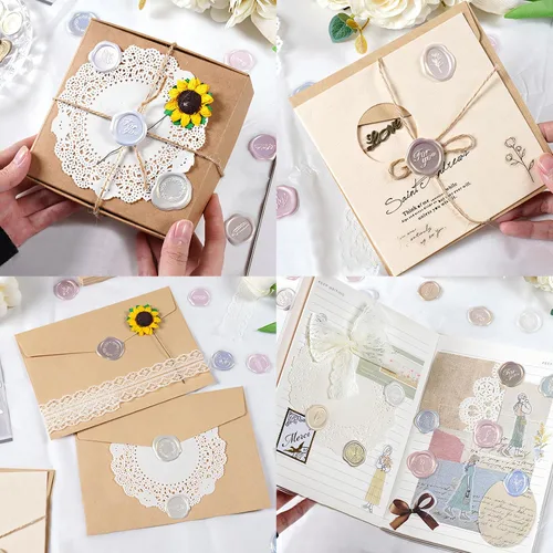 Vista 2 de Calcomanías de sello de cera para invitación de boda, sobres de recortes, sellos, calcomanías de cera autoadhesivas para despedida de soltera Dorado