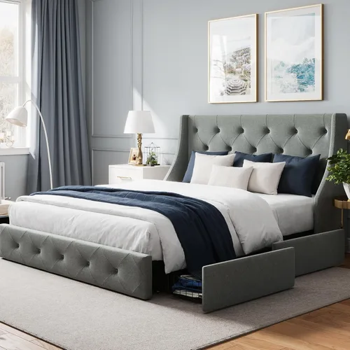 Vista 10 de WEEWAY Base de cama tapizada de tamaño matrimonial con 4 cajones de almacenamiento y cabecera con respaldo de ala, diseño capitoné, no necesita