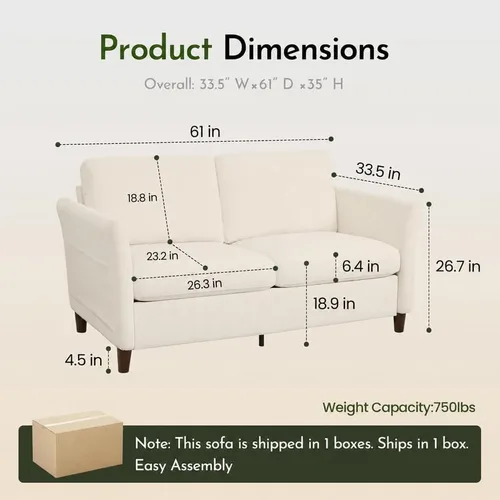Vista 2 de Valthie Sofá biplaza de pana de 61 pulgadas, sofás modernos y cómodos con bolsillo lateral, sofá de sala de estar, sofá para dormitorio y espacios