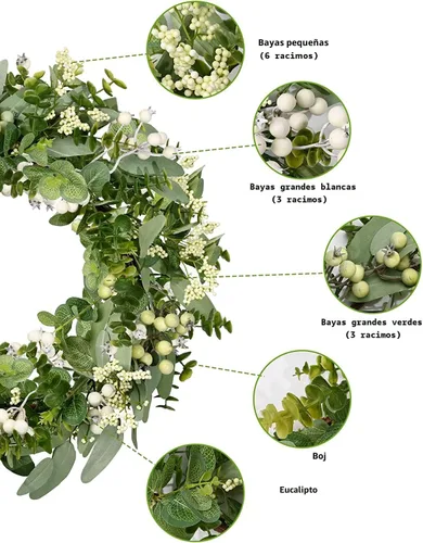 Vista 3 de Vlorart Coronas Artificiales de Primavera y Verano de Navidad de Vegetación Verde para Puerta Delantera Corona de Hojas de Eucalipto Verde