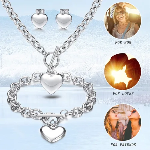 Vista 6 de LOYALLOOK Juego de 3 piezas de collar con dije de corazón, cadena de palanca, aretes de corazón para mujer, de acero inoxidable, conjunto de joyas