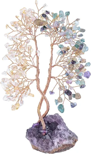 Vista 11 de mookaitedecor Árbol de cristal de aventurina verde natural y aguamarina con base de racimo de amatista, árbol del dinero de la vida adorno