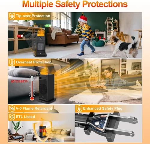 Vista 5 de Space Heater with Humidifier, 3-in-1 Space Heaters for Indoor Use with Motion Sensor/3D Flame Effect,1500W Portable Heater for Office/Bedroom/Garage