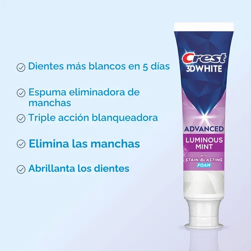Vista 2 de Pasta de dientes blanqueadora Crest 3D White Advanced Luminous Mint, Pasta de dientes Crest, 3.7 oz Paquete de 4 – Ayuda a eliminar manchas