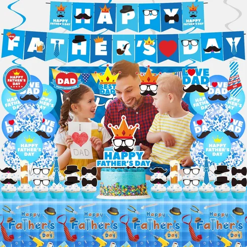 Vista 4 de Decoraciones de fiesta del día del padre, juego de suministros para fiesta del día del padre, incluyendo pancarta, remolinos colgantes, globos