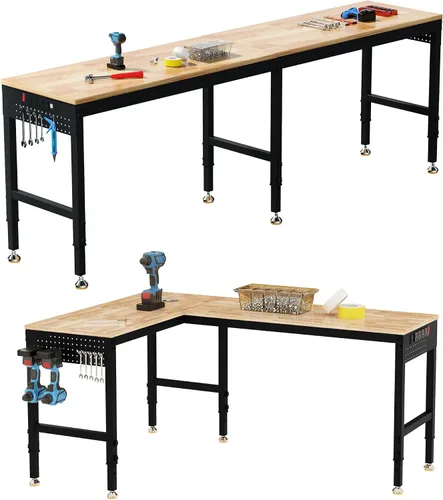 Vista 12 de Betterhood Banco de trabajo de altura ajustable, estación de trabajo resistente con parte superior de madera de goma de 48 pulgadas con tomas