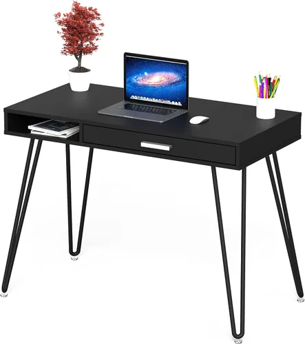 Vista 5 de SHW Escritorio de patas con horquilla para computadora de oficina en casa con cajón, color negro
