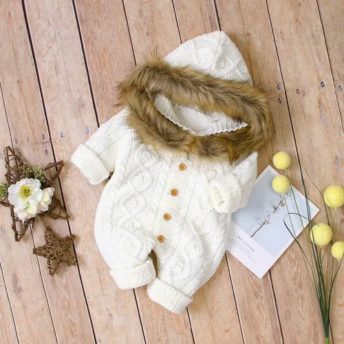 Vista 2 de TBUIALL Mono Invierno Faux Collar Niña Suéter Ropa Cálida Niño Punto Bebé Con Capucha Niños Abrigo Y Chaqueta Con Capucha Niños Cremallera