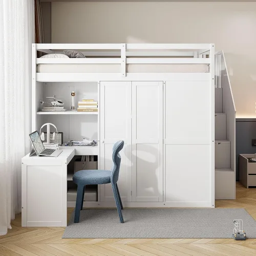 Vista 33 de Cama loft de madera tamaño matrimonial con escritorio en forma de U y espejo de tres pliegues, base de cama tipo loft multifunción con Espresso-10.16