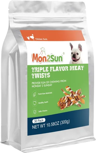 Vista 6 de MON2SUN Golosinas para perros, palitos de cecina de triple sabor, palitos de pollo de pato y bacalao de 4.5 a 5 pulgadas para perros pequeños