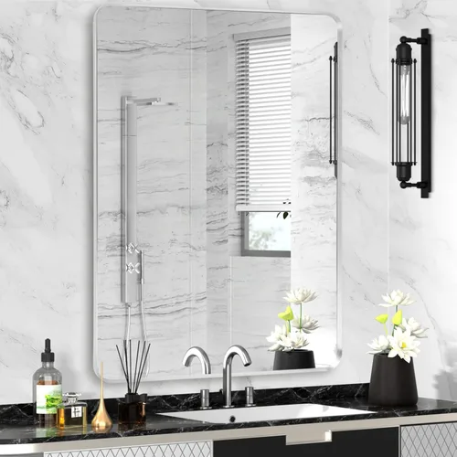 Vista 32 de Espejo arqueado negro de 16" x 20", espejo de pared para baño con arco, espejo de tocador de baño con marco de metal y parte superior arqueada
