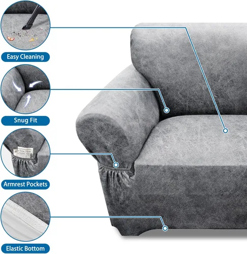 Vista 40 de Fundas para Sillón de 2 Piezas con Cojín en T, Fundas de Aspecto de Cuero para Sofá, Fundas para Sillas, Protector de Muebles Elástico, Funda