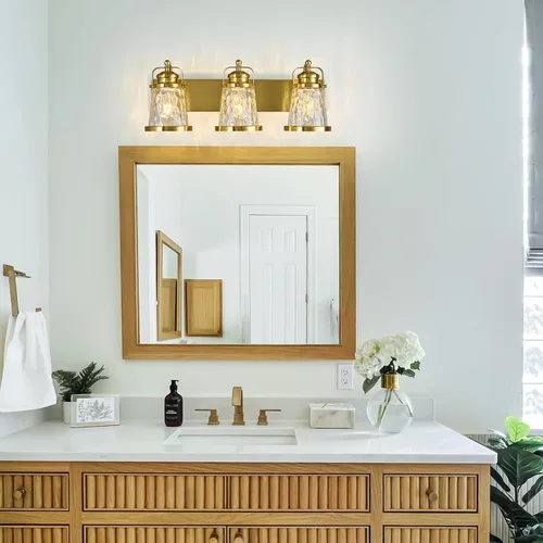Vista 6 de Lámpara de tocador de baño de 3 luces, moderna, industrial, dorada, con accesorios de cristal para el baño sobre el espejo