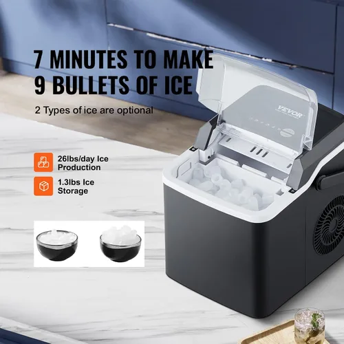 Vista 4 de VEVOR Máquina de hielo para encimera, 26 libras en 24 horas, 9 cubos listos en 7 minutos, máquina de hielo autolimpiante con cuchara y cesta
