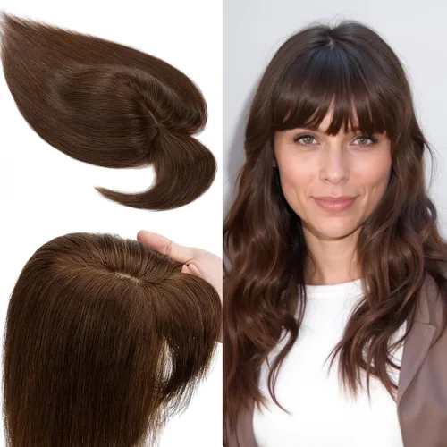 Vista 13 de SEGO Toppers de cabello humano 100% real, con flequillo de aire, base de seda 150% de densidad, topper con clip, 2.7 x 5.1 pulgadas, piezas