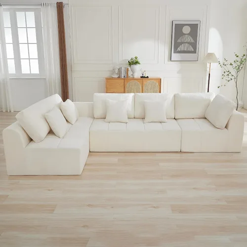 Vista 10 de Sofás seccionales modulares de 110 pulgadas para sala de estar, sofá seccional comprimido sin hueso, sofá de espuma viscoelástica tapizado de 3 Beige