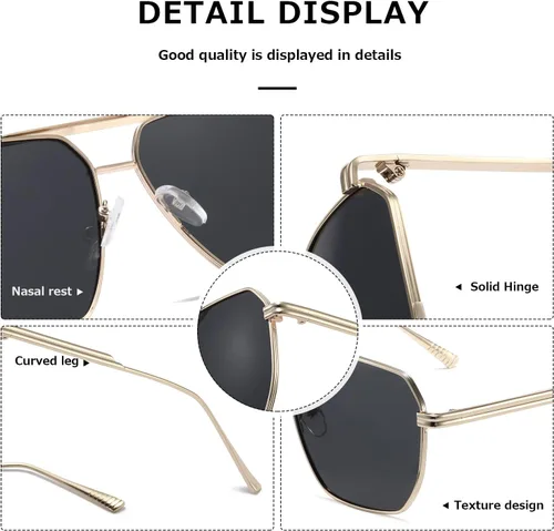 Vista 7 de kimorn Gafas de sol polarizadas para mujer y hombre, retro, de gran tamaño, cuadradas, vintage, clásicas, grandes, de metal, K1221