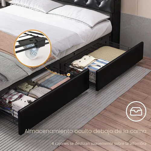 Vista 5 de HAUOMS - Base de cama Queen con cabecero y 4 cajones, tapizado de poliuretano negro Pu Negro