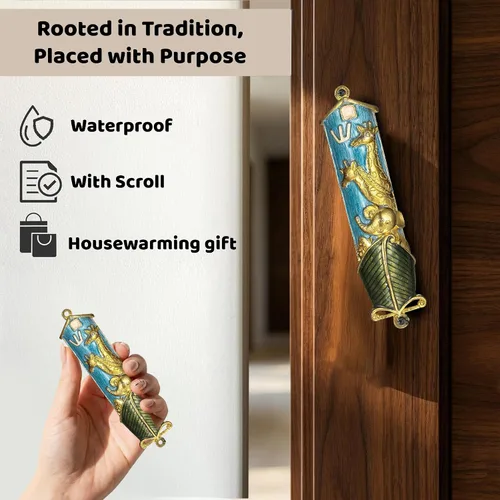 Vista 5 de Matashi Mezuzah para puerta con pergamino, pintado a mano esmalte azul Arca de Noé Mezuzah caso con jirafas, elefante y espinilla hebrea, decoración