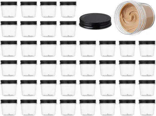 Vista 14 de novelinks Tarros de plástico transparente de 4 onzas con tapas negras, pequeños recipientes redondos reutilizables para alimentos, especias