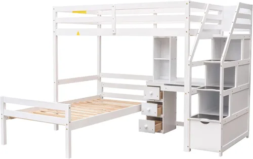 Vista 5 de Bellemave Cama alta con escritorio y escaleras, litera individual sobre cama individual con cajones de almacenamiento y estantes, camas altas