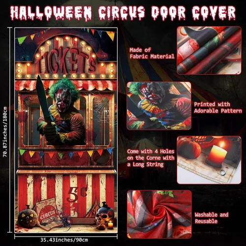 Vista 2 de WovWeave 3 piezas de decoraciones espeluznantes de carnaval de Halloween incluyen 2 carteles de circo malvado para porche y taquilla de boletos