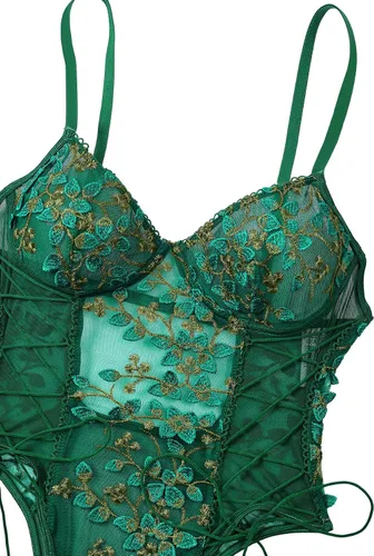 Vista 5 de Lilosy Teddy de Lencería Sexy para Mujer con Cordones y Bordado Floral, Body Top de Malla Transparente de Una Pieza Verde militar