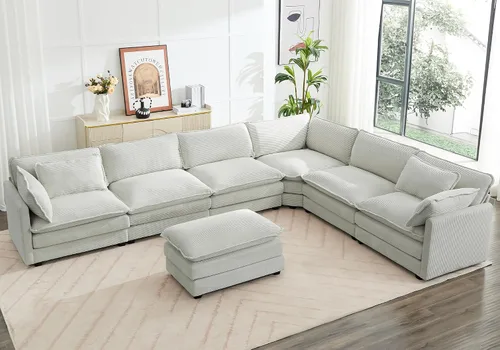 Vista 23 de ROWHY Sillón individual con otomano, sofá moderno de corduroy en forma de nube con chaise convertible, sofá tapizado para sala de estar, beige