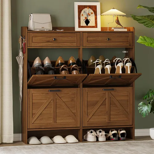 Vista 24 de BORNOON Gabinete de Almacenamiento de Zapatos para Entrada, Gabinete Estrecho de Zapatos Estilo Granja con 2 Cajones Abatibles y Cajones Superiores