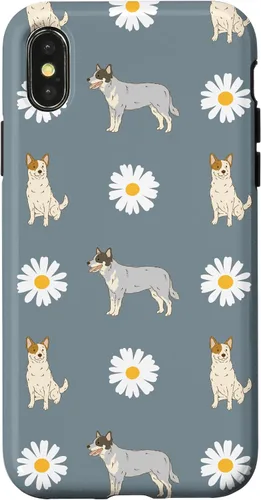 Vista 5 de Funda azul para iPhone 16 con diseño de perro Heeler y margarita azul polvoriento