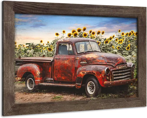 Vista 8 de Lienzo decorativo para pared de automóvil oxidado: cuadros de camiones viejos impresos en lienzo para dormitorio