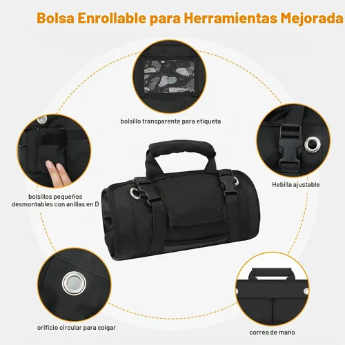 Vista 6 de Bolsa enrollable de herramientas, pequeña bolsa de herramientas enrollable con bolsas desmontables, organizador de bolsas de herramientas