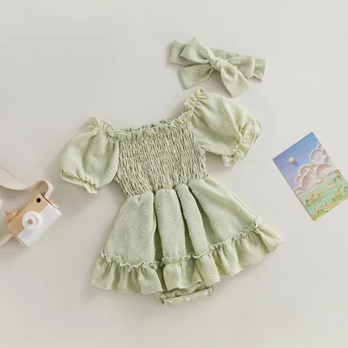 Vista 4 de Mameluco para bebés y niñas de 3, 6, 9, 12, 18 meses, enterizo de manga corta, fruncido, faldas y dobladillo, diadema