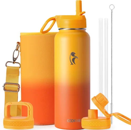 Vista 35 de Coolflask Botella de agua de 20 onzas aislada con pajilla, 3 tapas de metal de acero inoxidable, botella de agua de boca ancha para deportes u