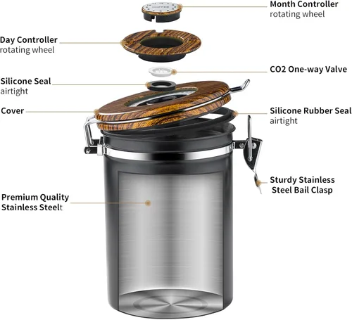 Vista 6 de Contenedor de café de 60.9 fl oz para almacenamiento de granos de café, recipientes herméticos de acero inoxidable para cocina, contenedor