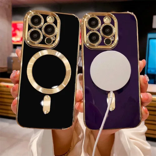 Vista 3 de OOK - Funda magnética para iPhone 15 Pro Max con borde chapado en oro, color negro Blanco