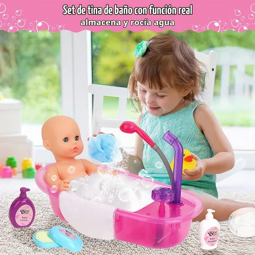 Vista 2 de deAO Juego de muñeca bebé, juego de muñeca de 13 pulgadas para hora del baño con spray de ducha funcional y accesorios para niños, muñeca bebé