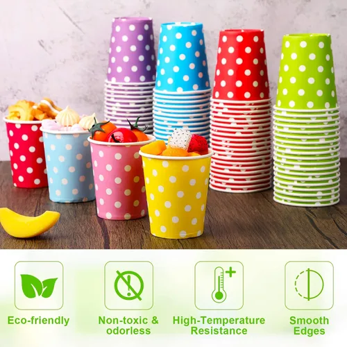 Vista 4 de Potchen Paquete de 480 vasos desechables de papel de 9 onzas para enjuague bucal para bebidas frías con lunares para enfriadores de agua, fiestas